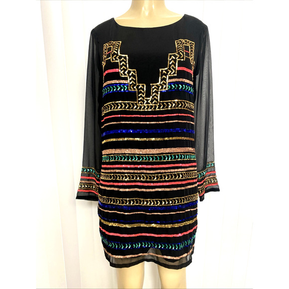 NWT Mara Hoffman Mini Dress Black Striped Multi Color Sequin Long Sleeve… - Picture 3 of 9